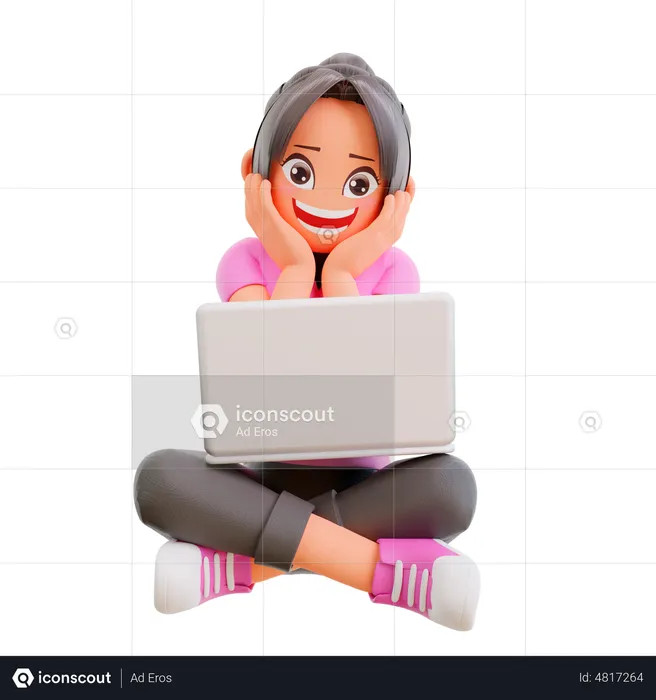 Girl doing online learning in laptop  3D Illustration
