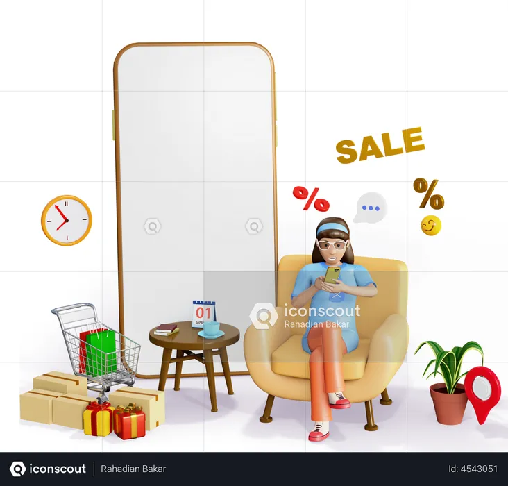 Girl doing online shopping  3D Illustration