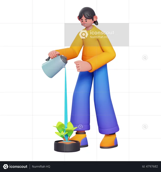 Girl doing watering to plant  3D Illustration