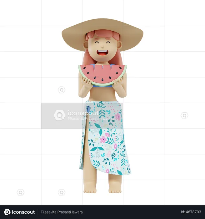 Girl Eating Watermelon  3D Illustration