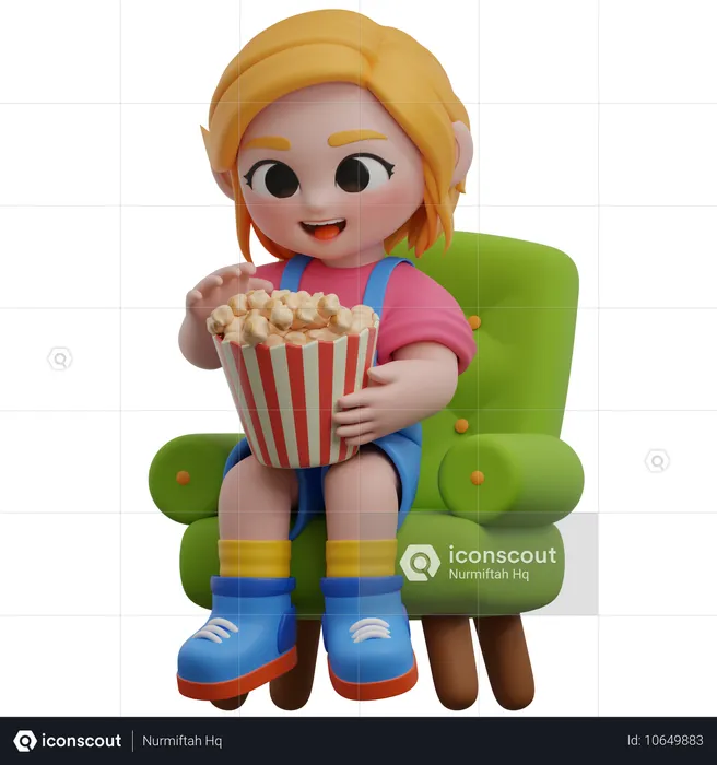 Girl Enjoying Popcorn On A Chair  3D Illustration