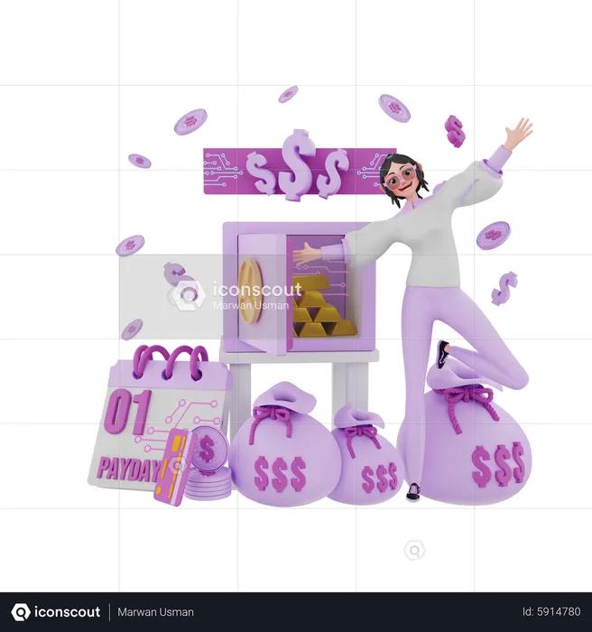 Girl excited with money  3D Illustration