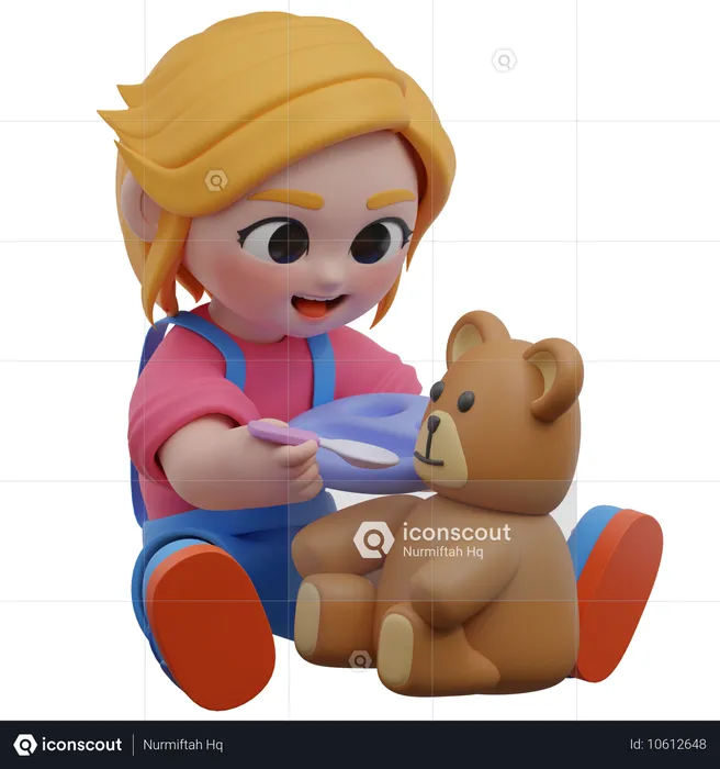 Girl Feeding Teddy Bear  3D Illustration