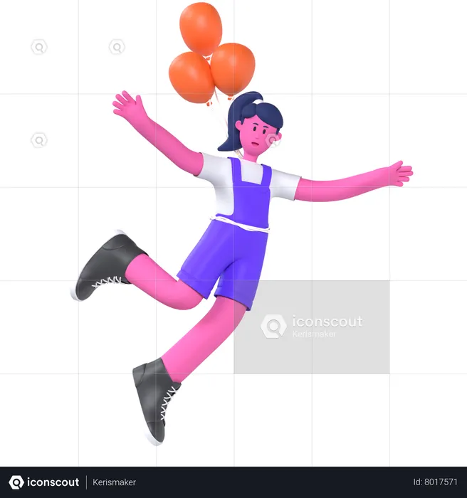 Girl Flying With Balloons  3D Illustration