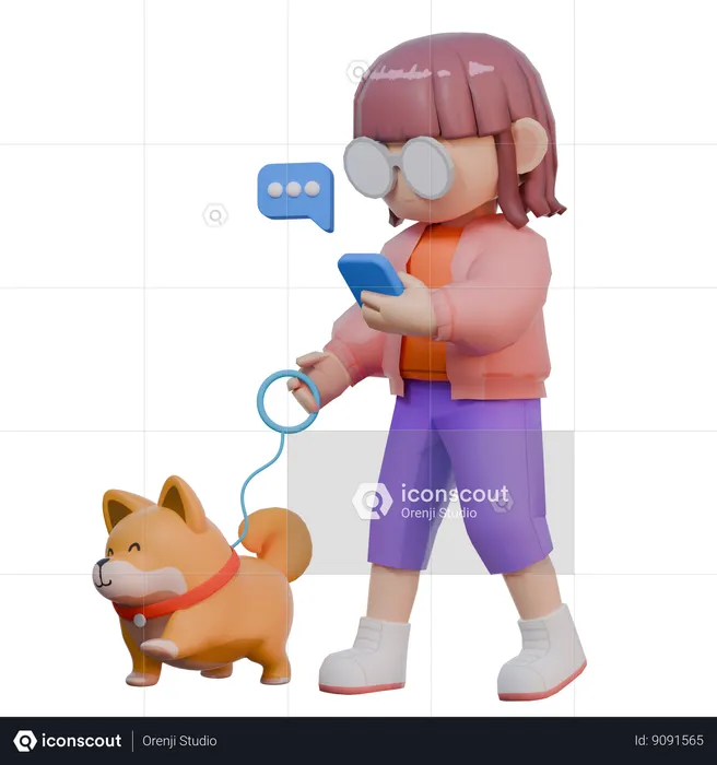 Girl Go For Walk With Dog  3D Illustration