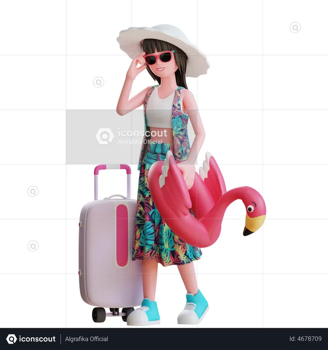Girl Going to Travel On Beach With Duck Float  3D Illustration
