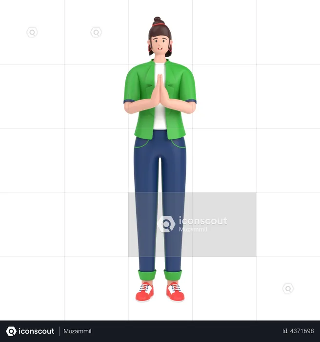 Girl greeting saying namaste with his hands  3D Illustration