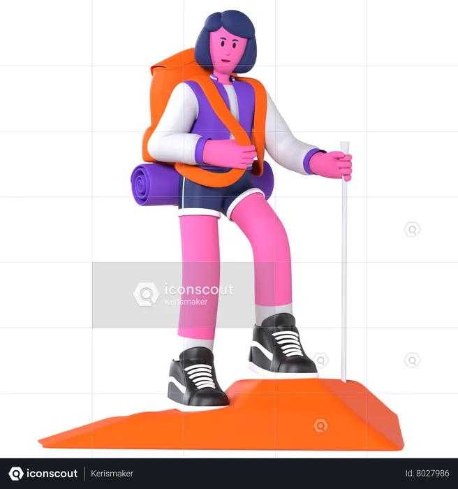 Girl hiking using stick  3D Illustration