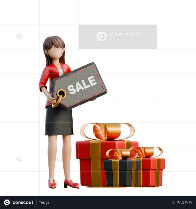 大きなギフトボックスの横で割引タグを持っている女の子  3D Icon