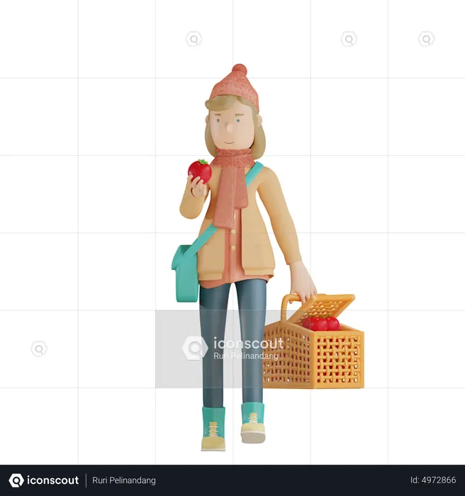 Girl Holding Apple and Grocery Basket  3D Illustration