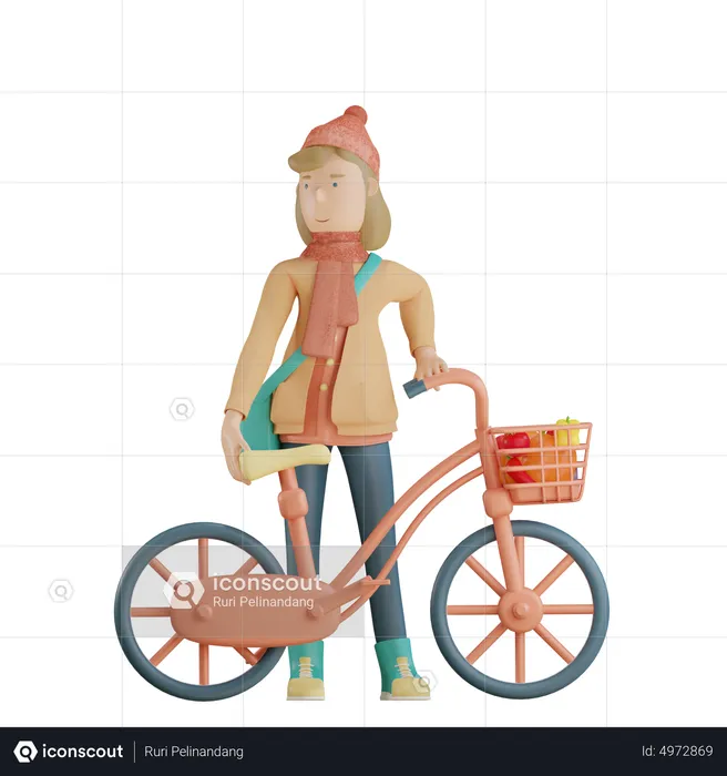 Girl Holding Bicycle  3D Illustration