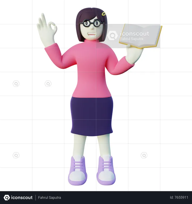 Girl Holding Book and Giving Approved Sign  3D Illustration