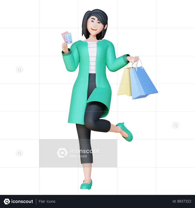 Girl Holding Credit Card And Shopping Bags  3D Illustration