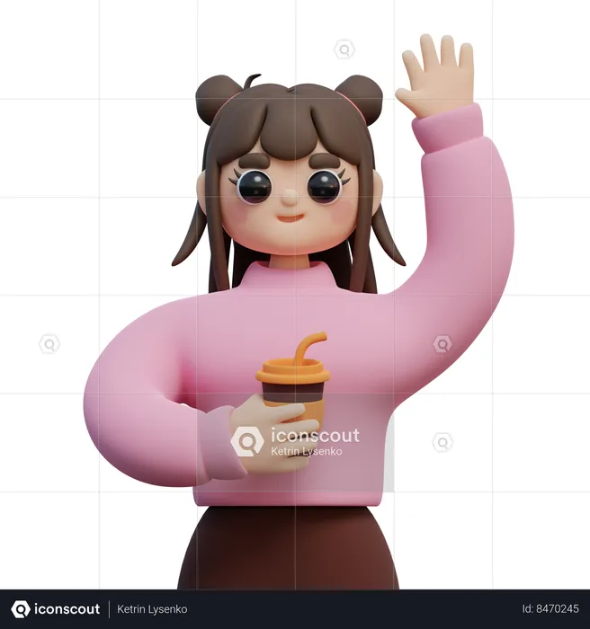 Girl Holding Cup Of Coffee And Waves Hand  3D Illustration
