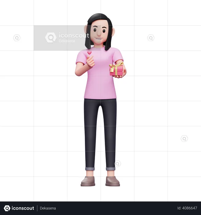 Girl holding gift and showing love sign  3D Illustration