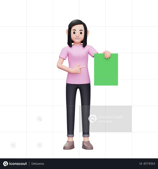Girl holding green paper and pointing with finger  3D Illustration