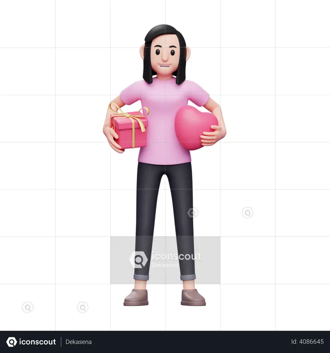 Girl holding heart and valentine gift  3D Icon