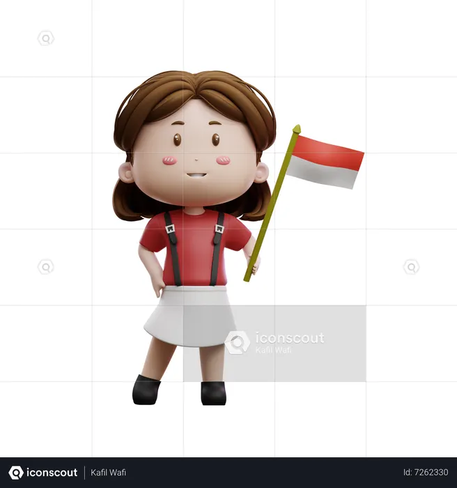 Girl Holding Indonesian Flag  3D Illustration