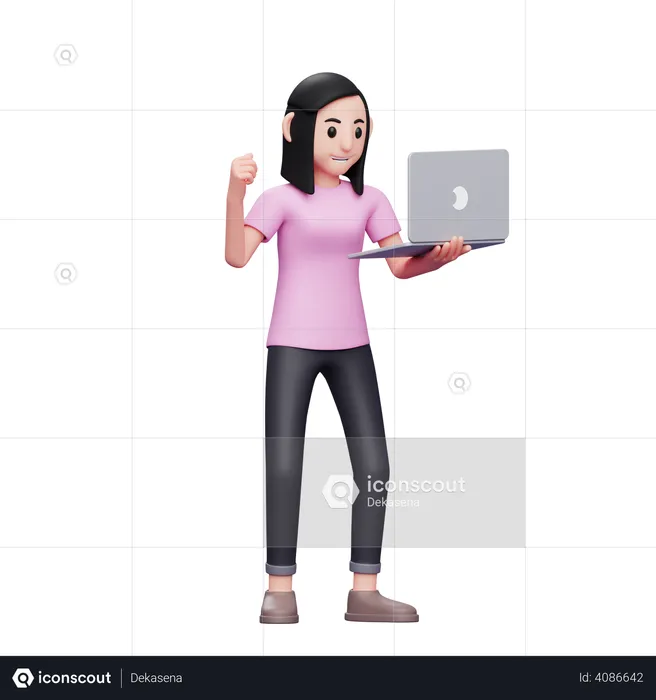 Girl holding laptop and celebrating success  3D Illustration