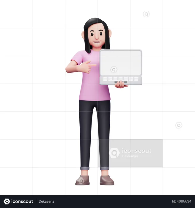 Girl holding laptop and pointing at laptop screen  3D Illustration