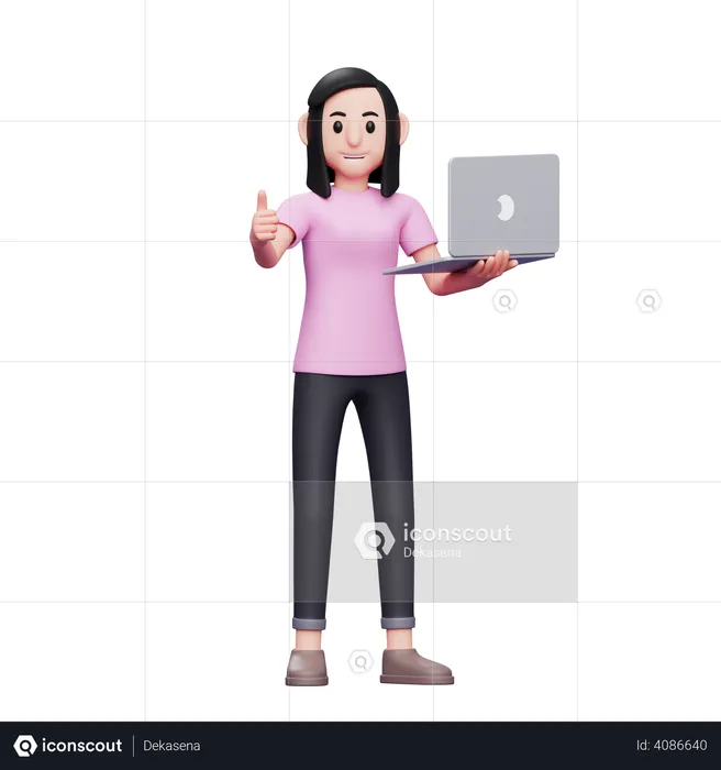 Girl holding laptop and showing thumbs up  3D Illustration