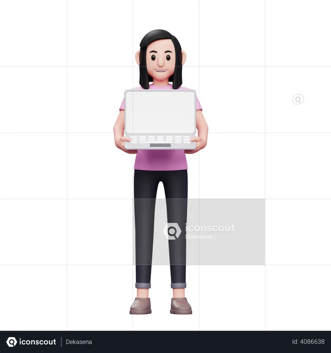 Girl holding laptop with both hands  3D Illustration