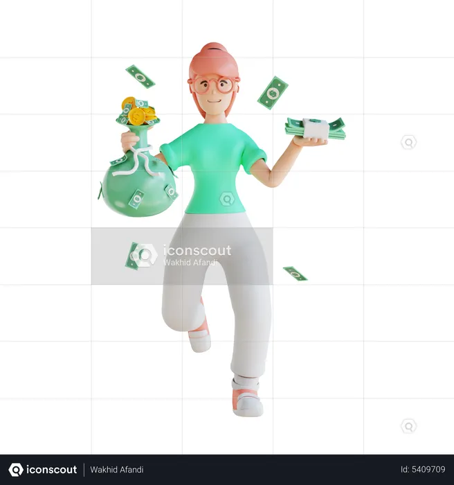 Girl holding money bag  3D Illustration