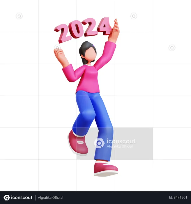 Girl Holding New Year 2024 Number  3D Illustration