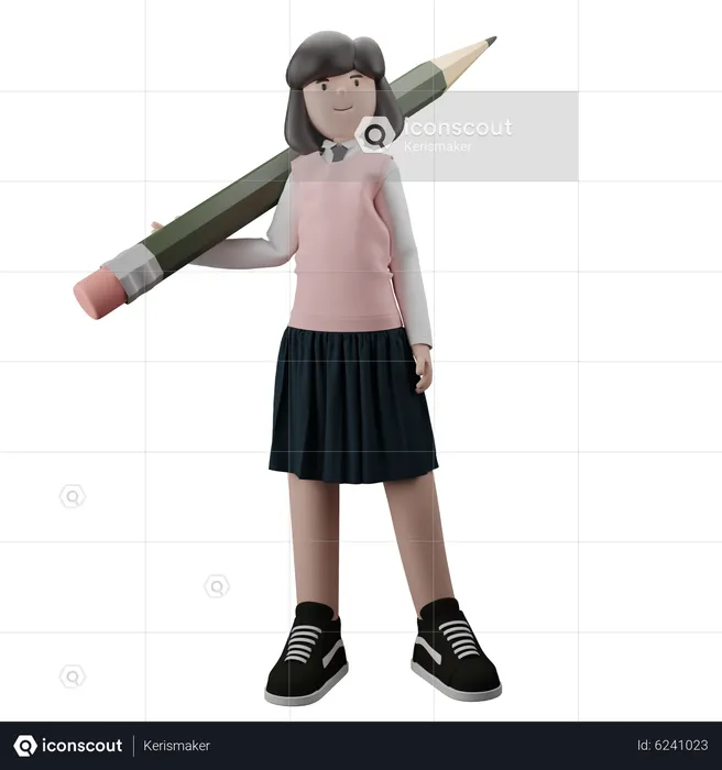 Girl holding Pencil  3D Illustration