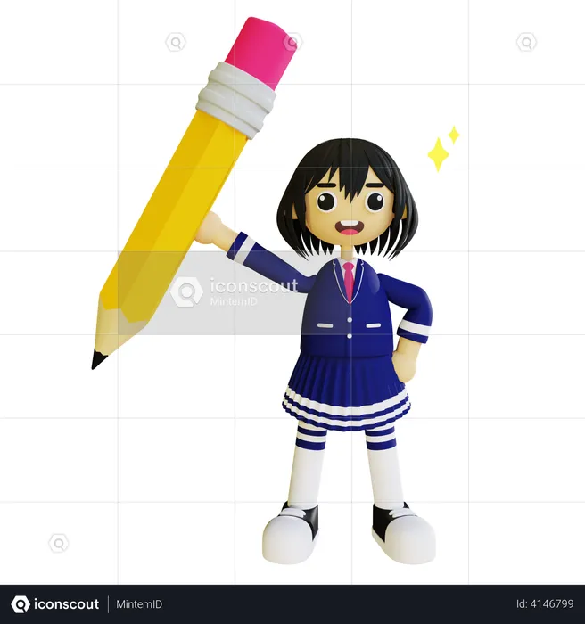 Girl holding pencil  3D Illustration