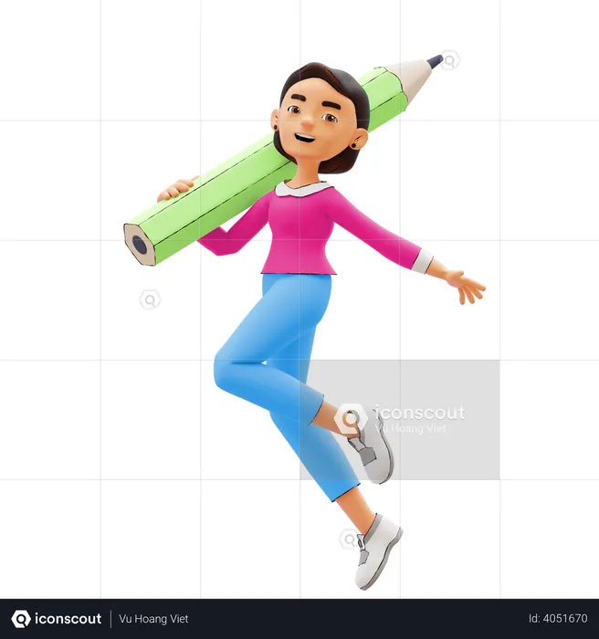 Girl holding pencil  3D Illustration