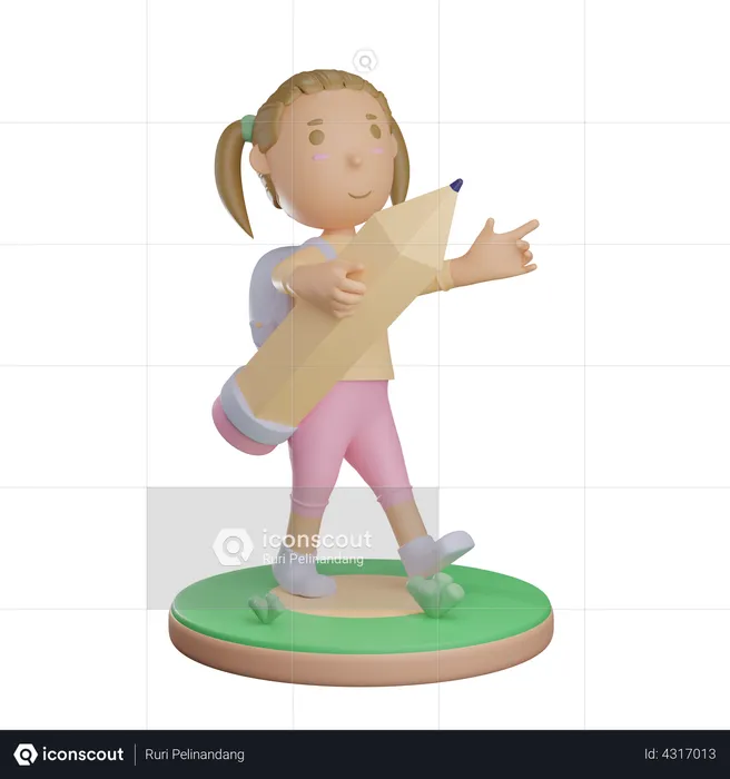 Girl holding pencil  3D Illustration