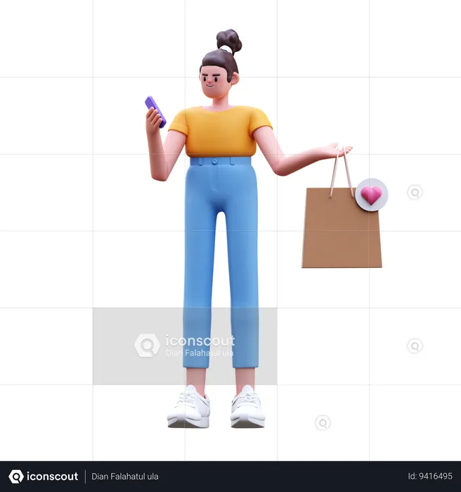 Girl Holding Shopping Bag  3D Illustration