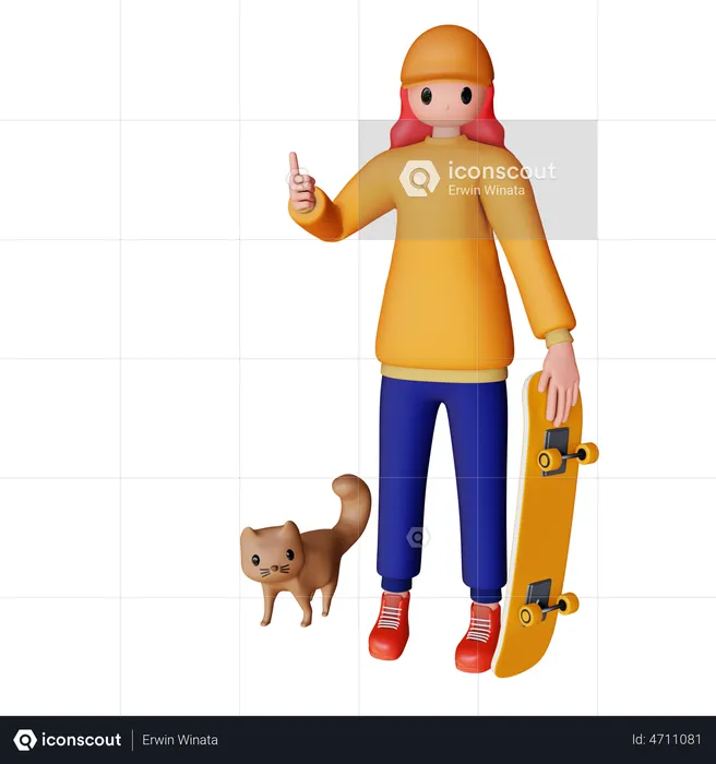 Girl Holding Skateboard with pet  3D Illustration