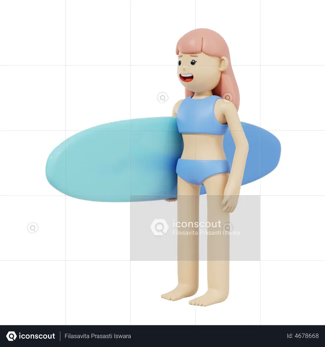 Girl Holding Surfboard  3D Illustration