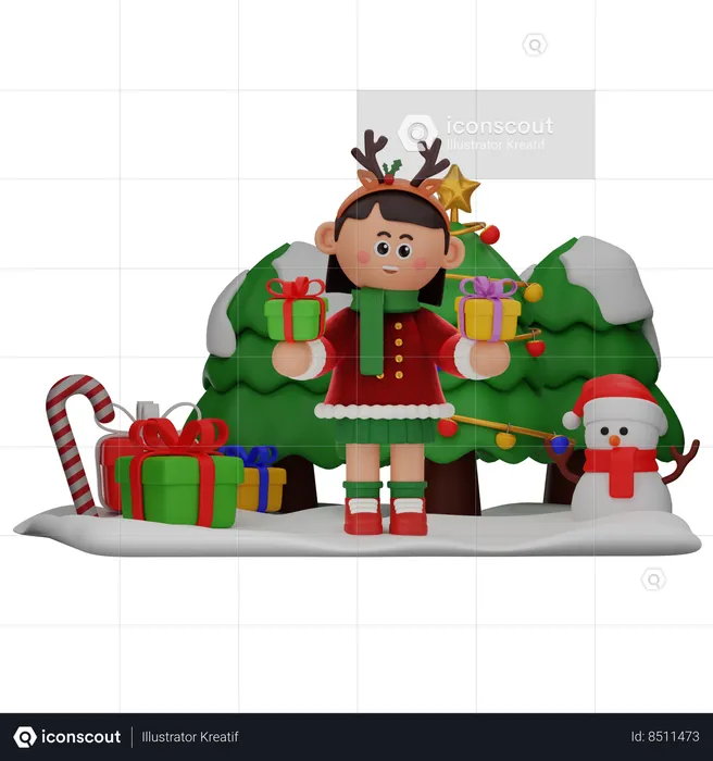 Girl Holding Two Gifts  3D Illustration