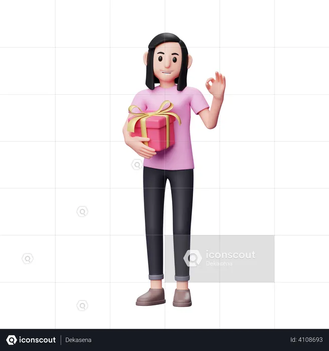 Girl hugs valentine's gift and shows ok sign finger  3D Illustration