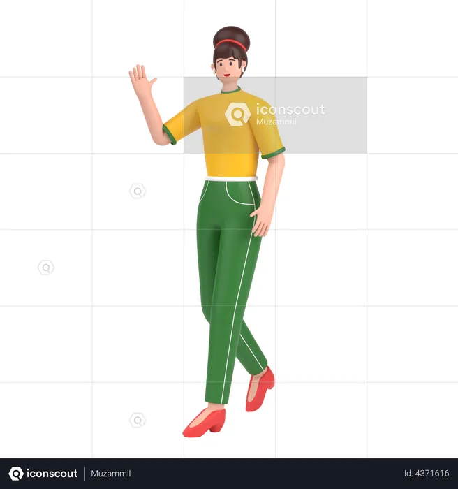 Girl in walking pose and doing waving hand say hello  3D Illustration