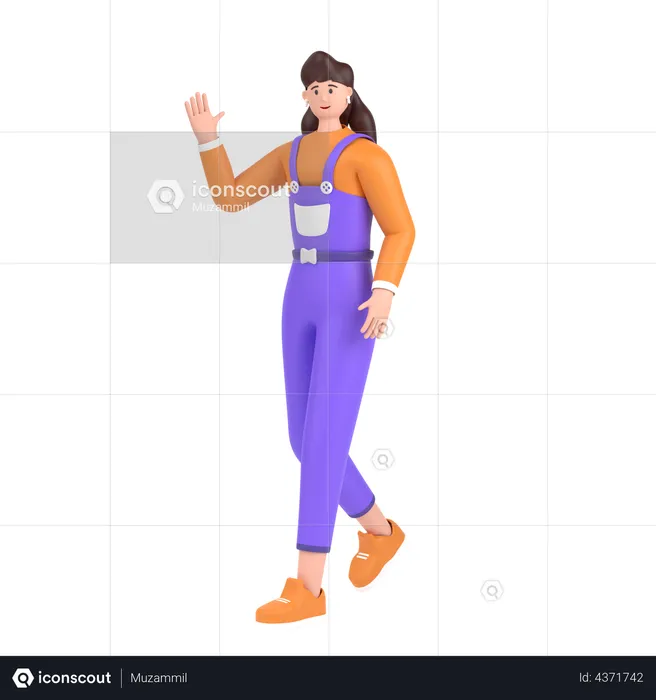 Girl in walking pose and doing waving hand say hello  3D Illustration
