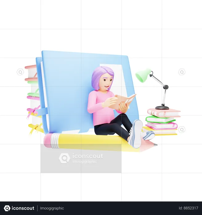 Girl is engaged in book reading  3D Icon