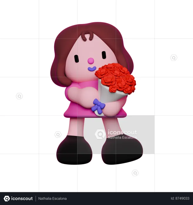 Girl is holding rose bouquet  3D Illustration