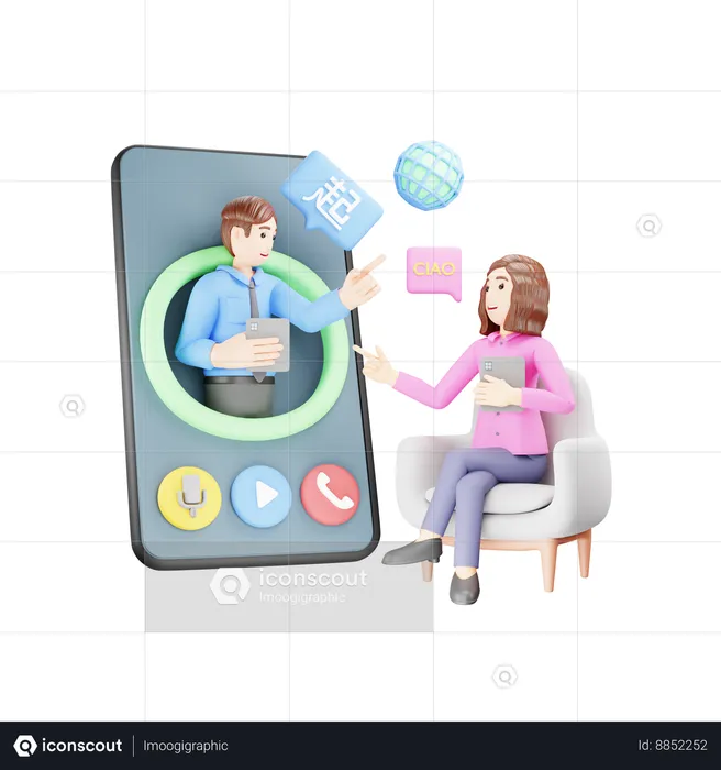 Girl is learning foreign language using mobile app  3D Illustration