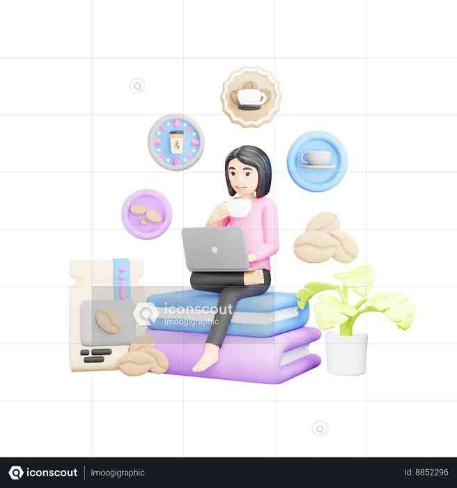 Girl is using laptop and drinking coffee  3D Illustration
