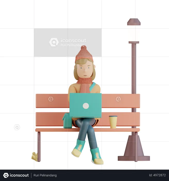 Girl is working using a laptop in the park  3D Illustration