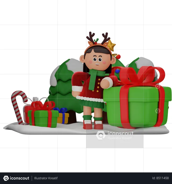 Girl Leaning On Gift  3D Illustration