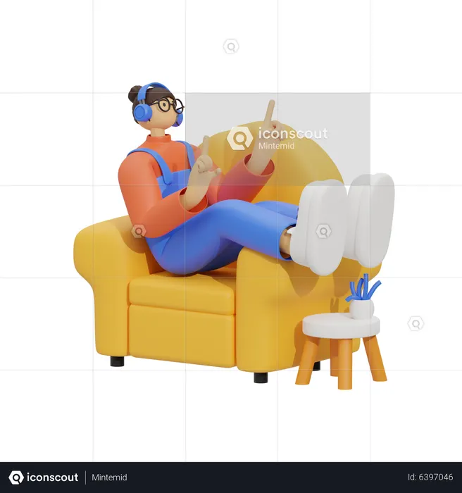 Girl listening song on couch  3D Illustration