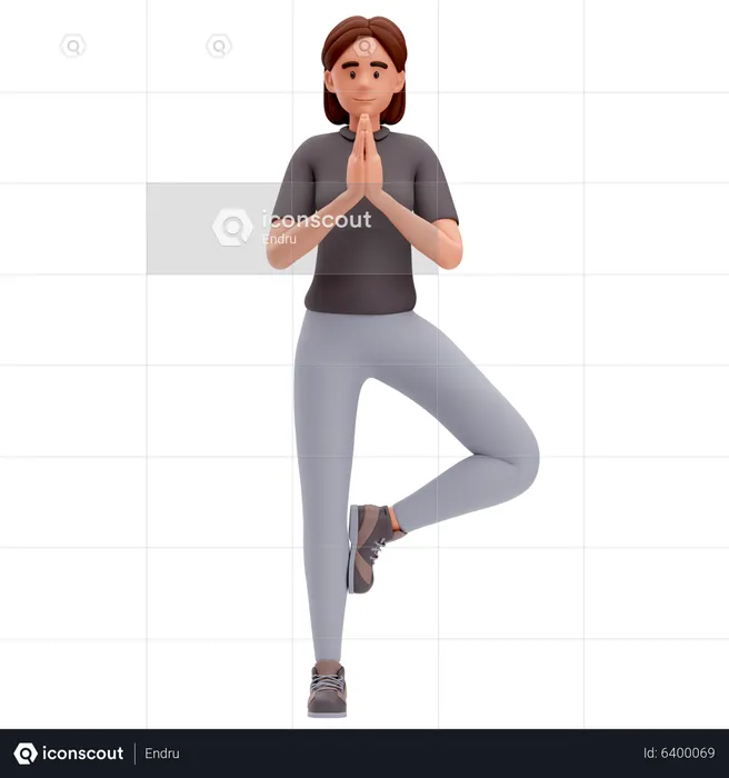 Girl Make Folded or Namaste Hand gesture and raised right leg  3D Illustration