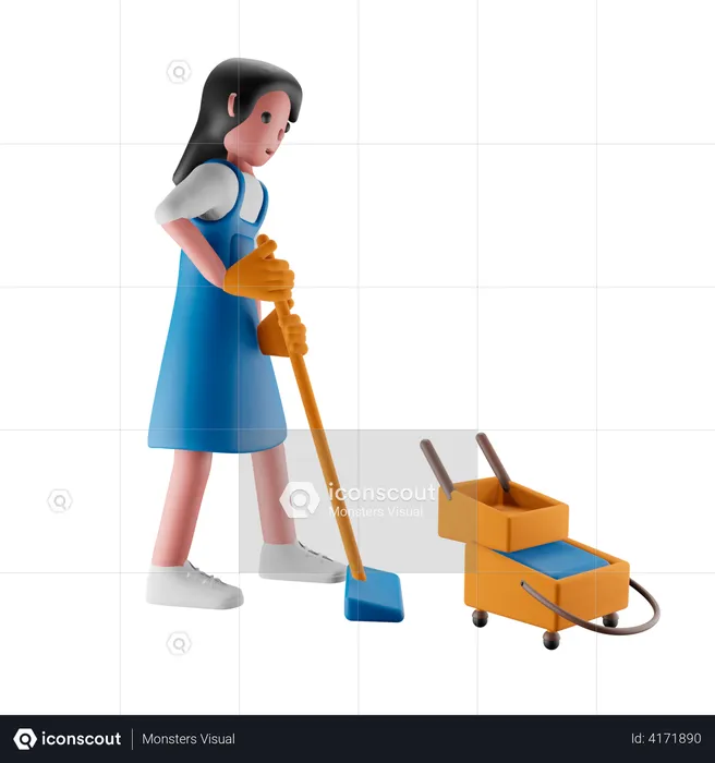 Girl mopping the floor  3D Illustration