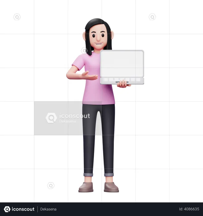 Girl offering product by showing laptop screen  3D Illustration