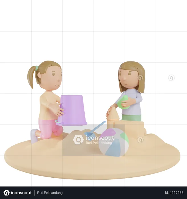 Girl On Beach Playing With Sand  3D Illustration